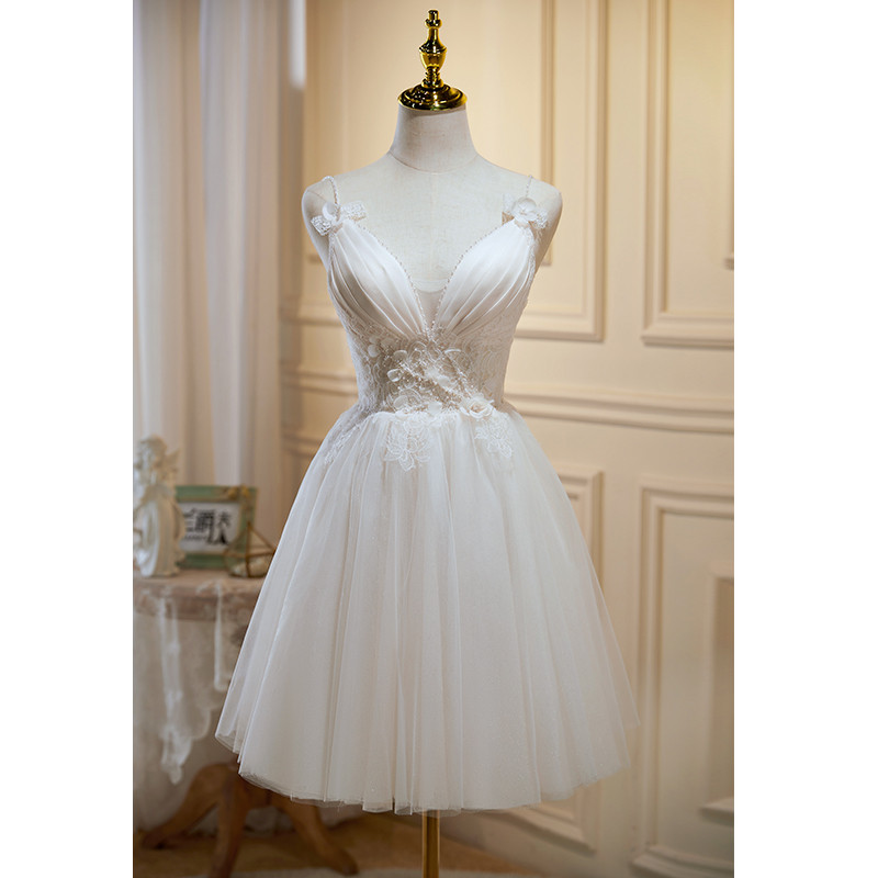 ベージュ オフショルダー ショート丈 綺麗 プリンセス パーティードレス 二次会 ウェディングドレス LJ-544