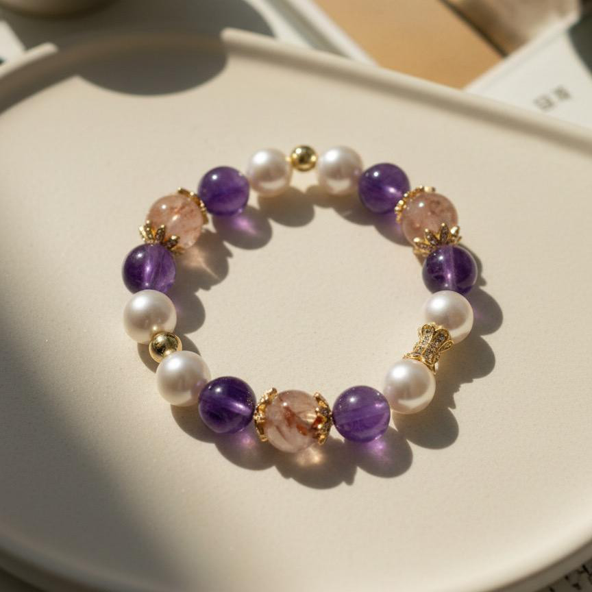 レッドガムフラワーの情熱、アメジストの静けさ、真珠の温かさ。クリスタルと真珠が出会うとき、人生もまた優しく明るくなります