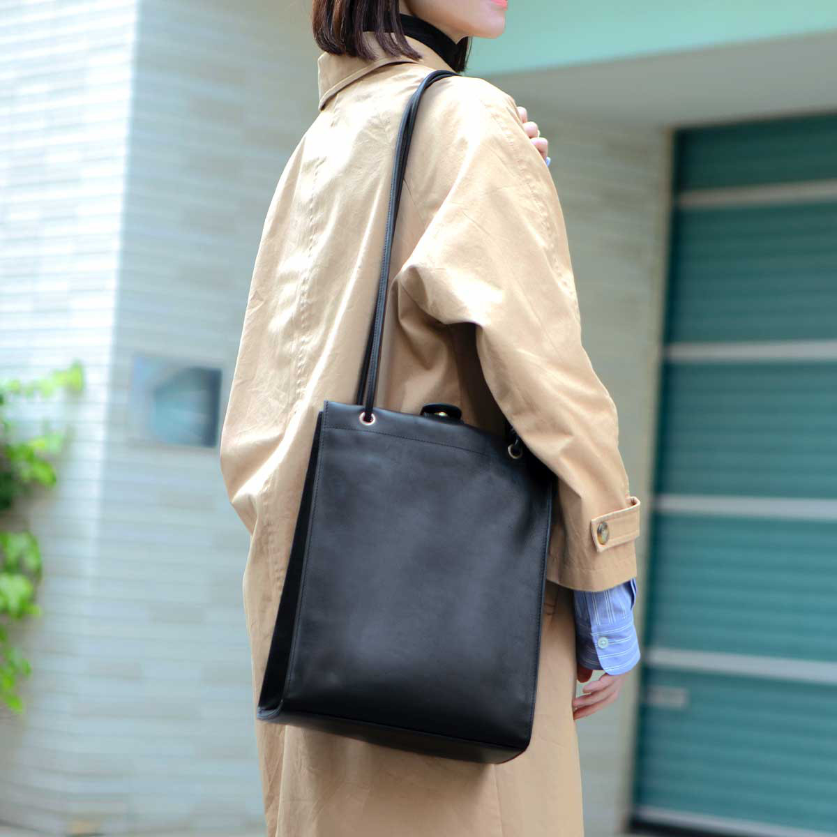 縦型 トート 肩掛け 2Way 紐調整 バッグ 本革 イタリアンレザー ブラック HAB045-VO