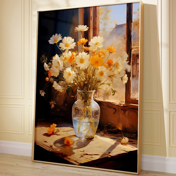 アートポスター 花瓶と花 オレンジ 白 上品 静物画 カフェ風 ボタニカル インテリア 6715 4枚目の画像