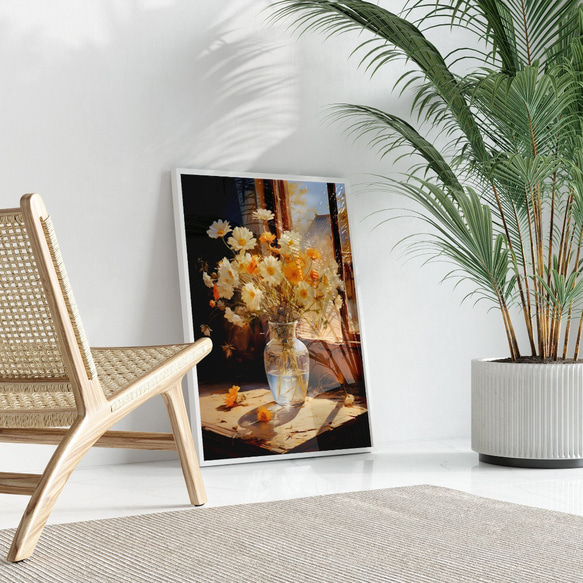 アートポスター 花瓶と花 オレンジ 白 上品 静物画 カフェ風 ボタニカル インテリア 6715 8枚目の画像