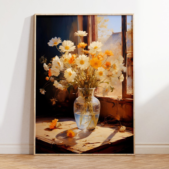 アートポスター 花瓶と花 オレンジ 白 上品 静物画 カフェ風 ボタニカル インテリア 6715 1枚目の画像