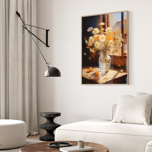 アートポスター 花瓶と花 オレンジ 白 上品 静物画 カフェ風 ボタニカル インテリア 6715 5枚目の画像
