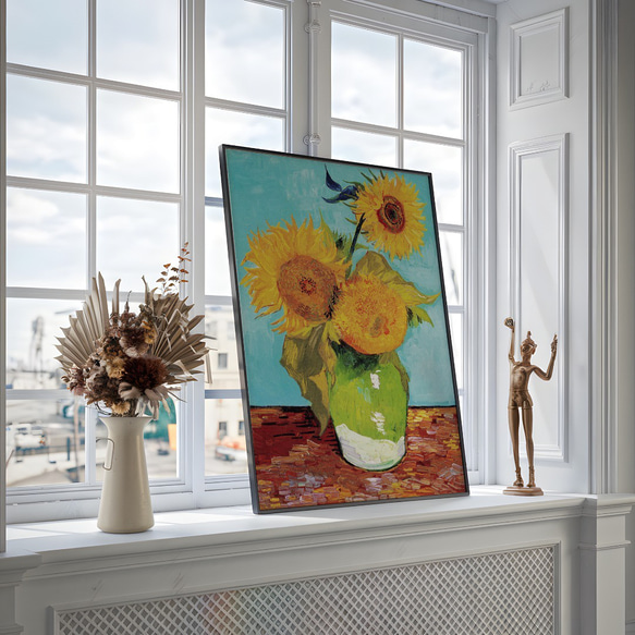 アートポスター ひまわり  花瓶とテーブル 静物画 レトロ可愛い 油絵風 モダンアート  6716 16枚目の画像