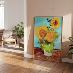 アートポスター ひまわり  花瓶とテーブル 静物画 レトロ可愛い 油絵風 モダンアート  6716 3枚目の画像