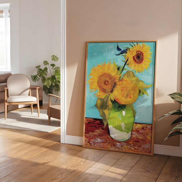 アートポスター ひまわり  花瓶とテーブル 静物画 レトロ可愛い 油絵風 モダンアート  6716 3枚目の画像