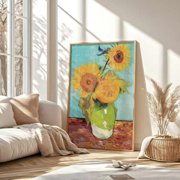 アートポスター ひまわり  花瓶とテーブル 静物画 レトロ可愛い 油絵風 モダンアート  6716 12枚目の画像