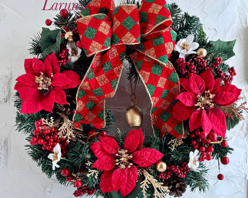 超特大65㎝　ポインセチアのクリスマスリース　アーティフィシャルフラワーリース 赤のポインセチアの特大クリスマスリース アーティフィシャルフラワー