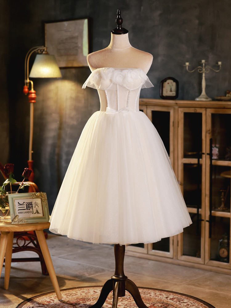 ベージュ オフショルダー 花 ショート丈 綺麗 プリンセス パーティードレス 二次会 ウェディングドレス LJ-542 17,531円