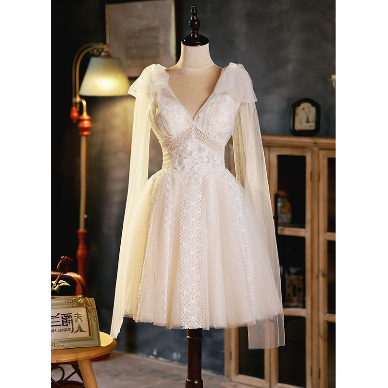 ベージュ レース ショート丈 綺麗 プリンセス パーティードレス 二次会 ウェディングドレス LJ-541