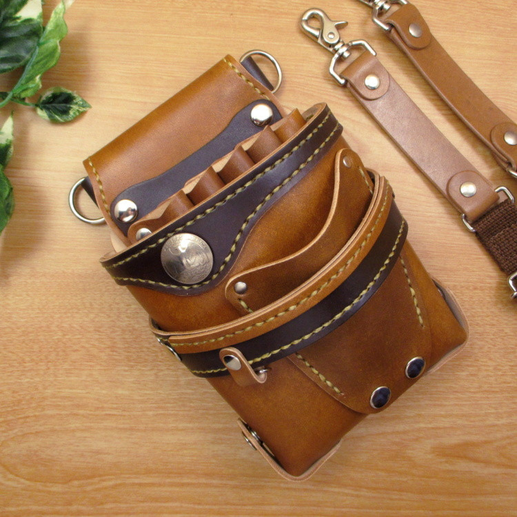 本革　５丁差し シザーケース (手染めキャメル×ナチュラル)　SCA-82/NCA