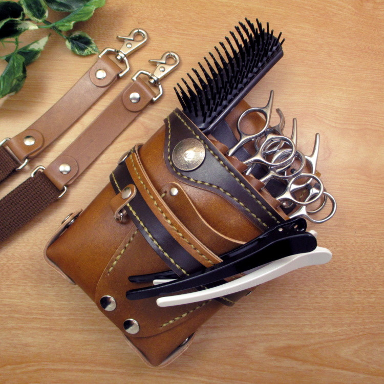 本革　５丁差し シザーケース (手染めキャメル×ナチュラル)　SCA-82/NCA