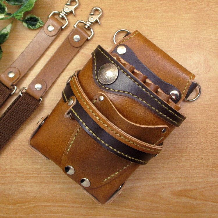 本革　５丁差し シザーケース (手染めキャメル×ナチュラル)　SCA-82/NCA