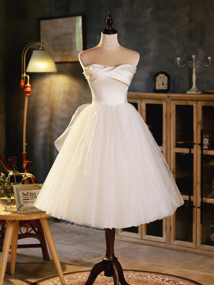 ベージュ サテン オフショルダー ショート丈 プリンセス パーティードレス 二次会 ウェディングドレス LJ-540