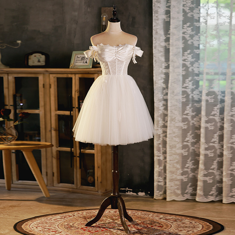 シャンパン色 オフショルダー ショート丈 綺麗 プリンセス パーティードレス 二次会 ウェディングドレス LJ-538