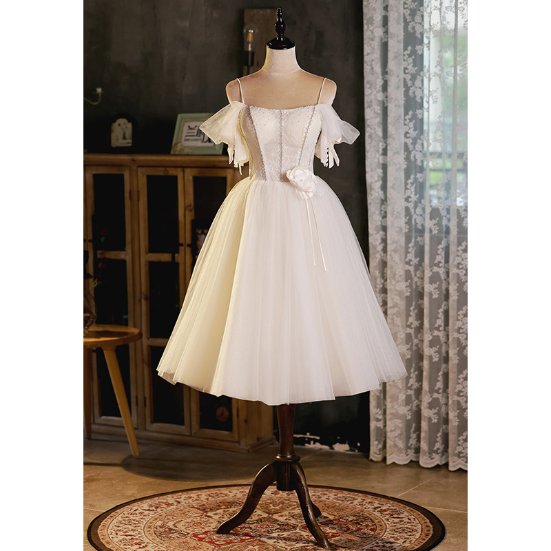 シャンパン色 オフショルダー ショート丈 可愛い プリンセス パーティードレス 二次会 ウェディングドレス LJ-535