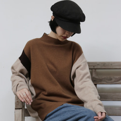 上品で雰囲気を醸し出す配色セーター　前後２wayセーター　ウールセーター ハイネック ニット　251006-1 5枚目の画像