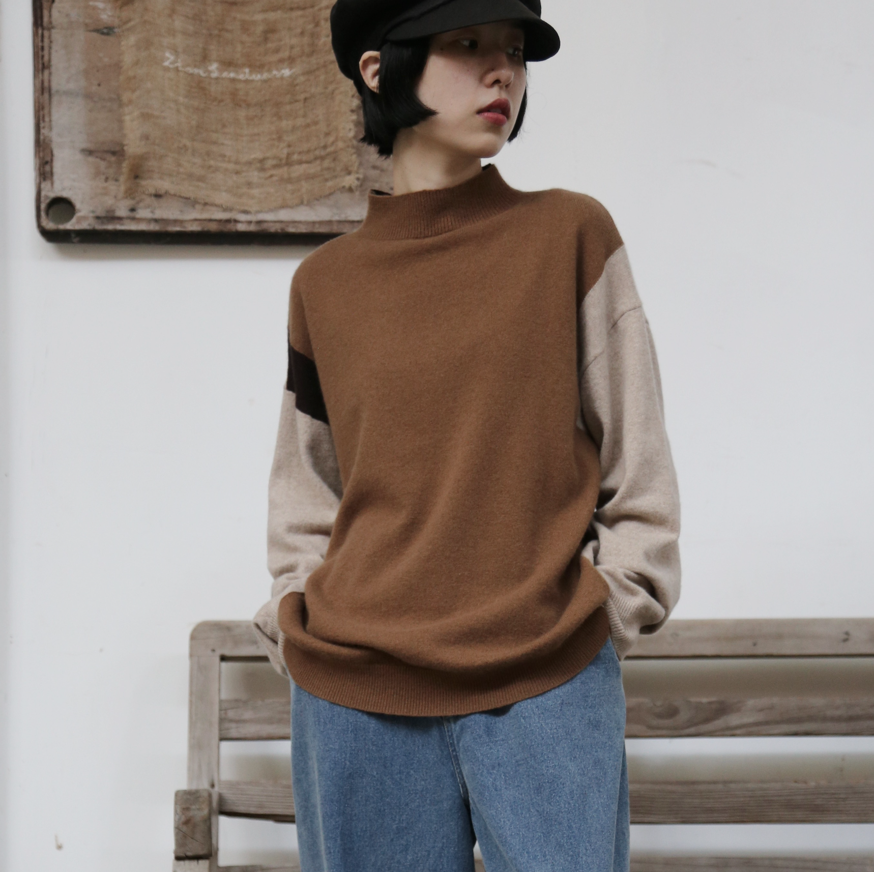 ★即納★上品で雰囲気を醸し出す配色セーター　前後２wayセーター　ウールセーター ハイネック ニット　251006-1