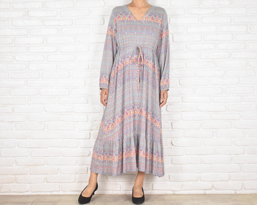 ヴィンテージエスニック柄長袖Vネックワンピース　グレー