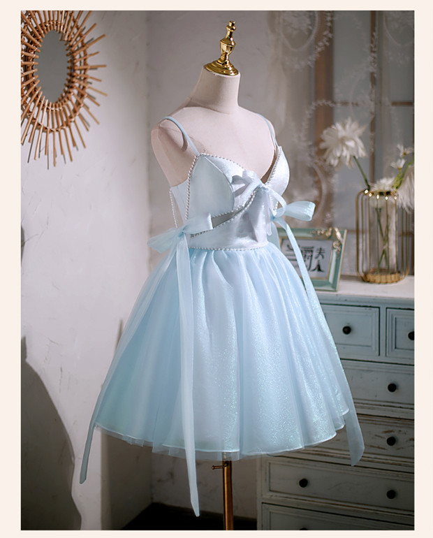 淡青 オフショルダー ショート丈 リボン 可愛い プリンセス パーティードレス 二次会 ウェディングドレス LJ-532