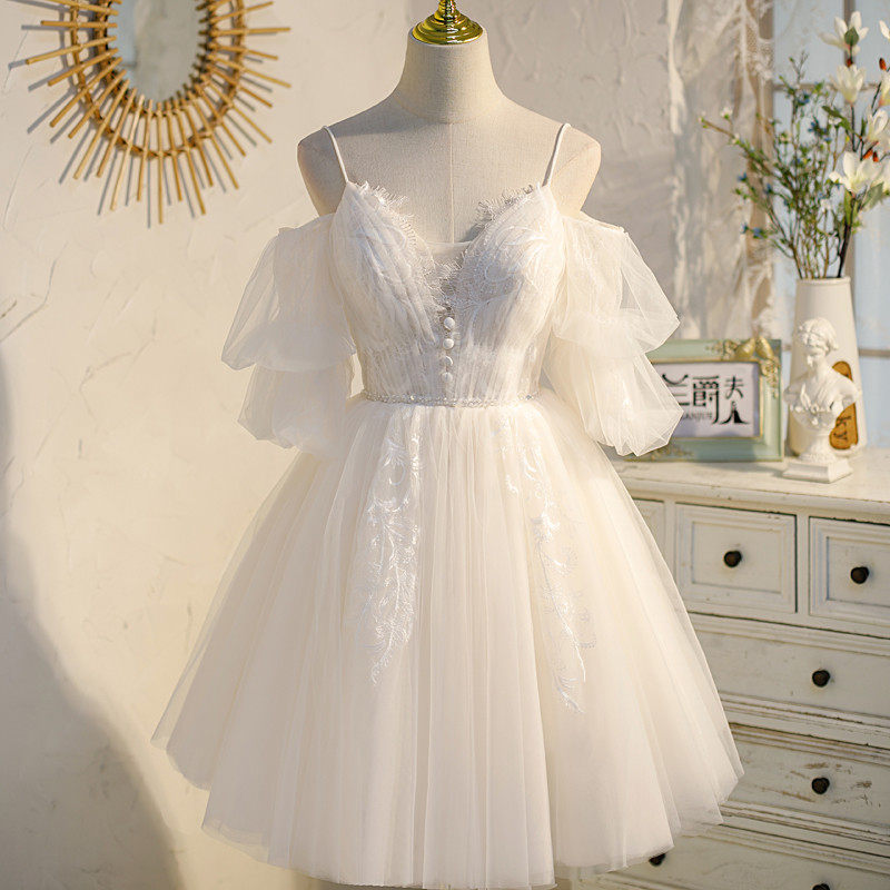 シャンパン色 オフショルダー ショート丈 パフスリーブ 綺麗 パーティードレス 二次会 ウェディングドレス LJ-521