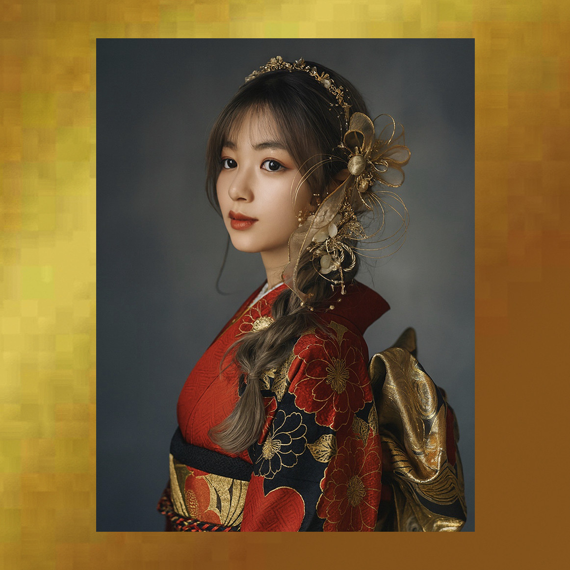 【送料無料】金箔付　シャンパンゴールドのカチューシャ&ヘッドドレス　結婚式　成人式　卒業式　海外ウェディング　和装髪飾り