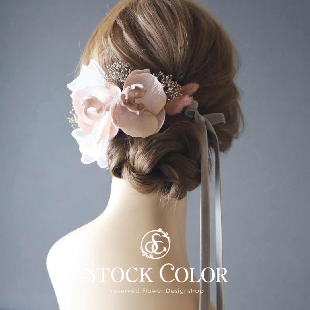 胡蝶蘭 かすみ草 スエードリボン ヘッドドレス ヘアアクセサリー 髪飾り＊ウェディング 成人式 白無垢 和装 袴 卒業式