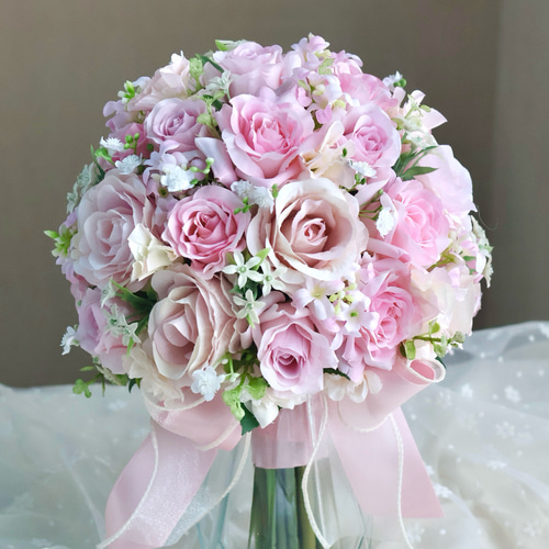 ころんと可愛いピンクローズのウエディングブーケ/ブートニア付き/即日