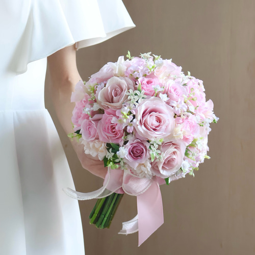 造花ブーケ ブートニア付 ピンク ひとくせ ピンクのブーケとブートニアセット