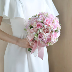 ころんと可愛いピンクローズのウエディングブーケ/ブートニア付き/即日