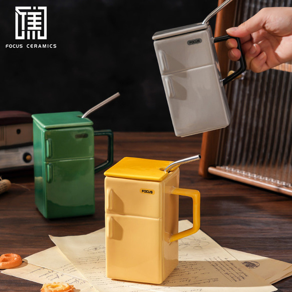 ミニ冷蔵庫デザイン セラミックマグカップ - レトロで可愛い