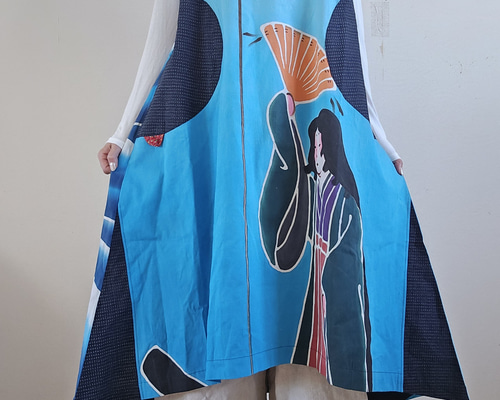 ★未使用　絣　型染め　刺し子　着物リメイク　ジャンパースカート 着物リメイク 手作り いろいろな絣 パッチ ジャンパースカート ロング