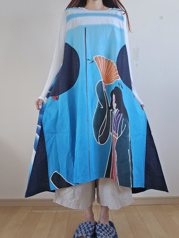 幟旗ジャンバスカート 絣、色々布3段ジャンバースカート のぼり旗柿渋紋 2