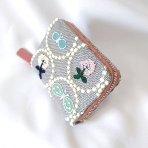 受注製作】刺繍4つ じゃばらミニ財布 グレー×ライトイエロー