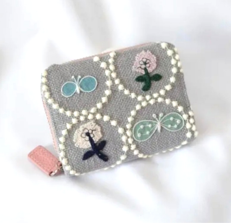 【受注製作】刺繍4つ じゃばらミニ財布 グレー×ライトイエロー タンバリン ミナペルホネン