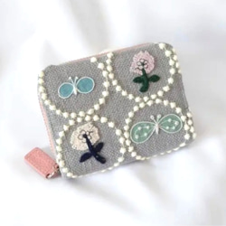 受注製作】刺繍4つ じゃばらミニ財布 グレー×ライトイエロー