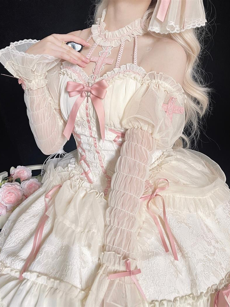 ロリータワンピース  lolitaドレス  洋服  2点セット（ワンピース＋アームカバー）少女風  ふんわり レース