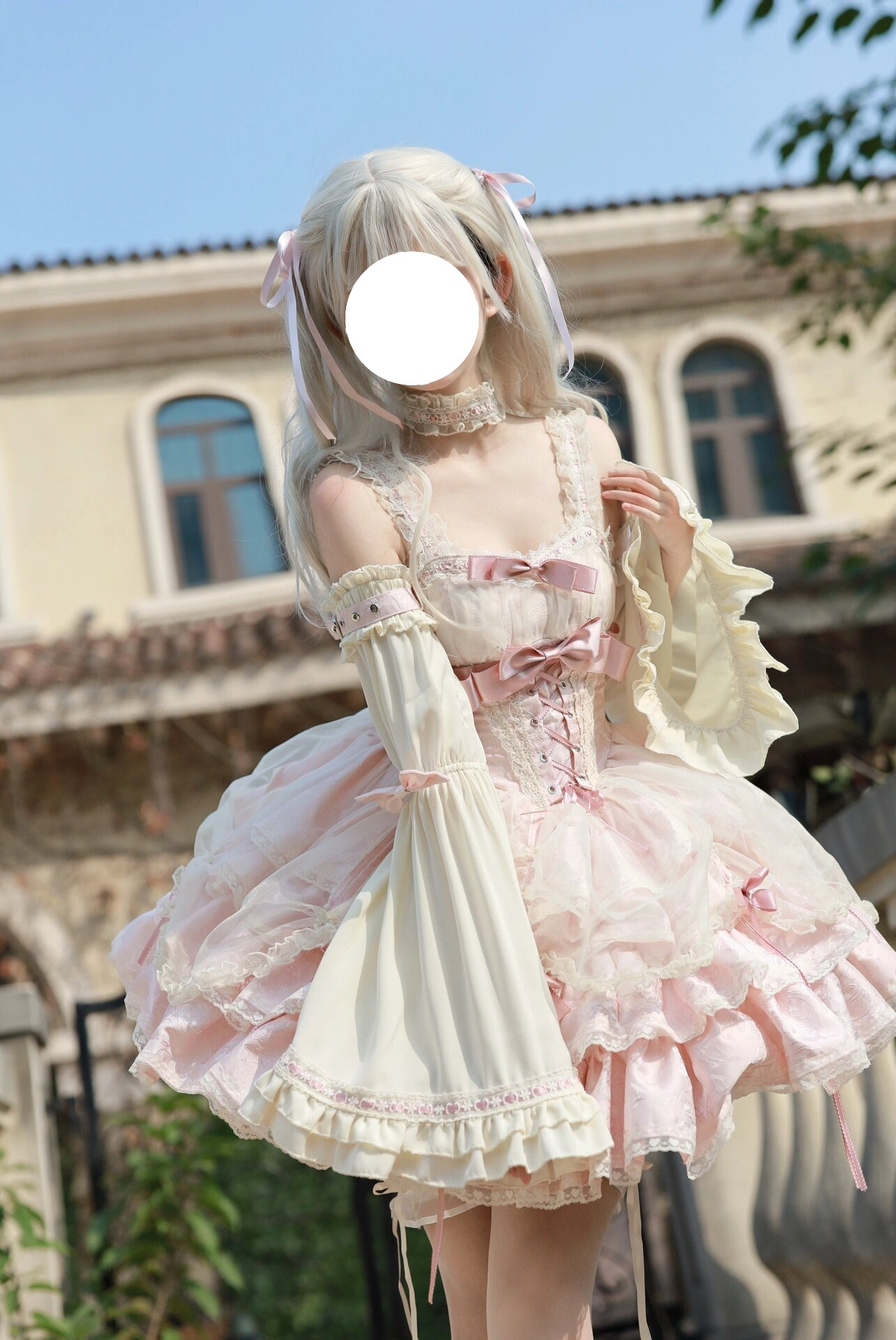 ロリータワンピース  lolitaドレス  洋服  3点セット（ワンピース＋アームカバー＋レースネックカラー）少女風