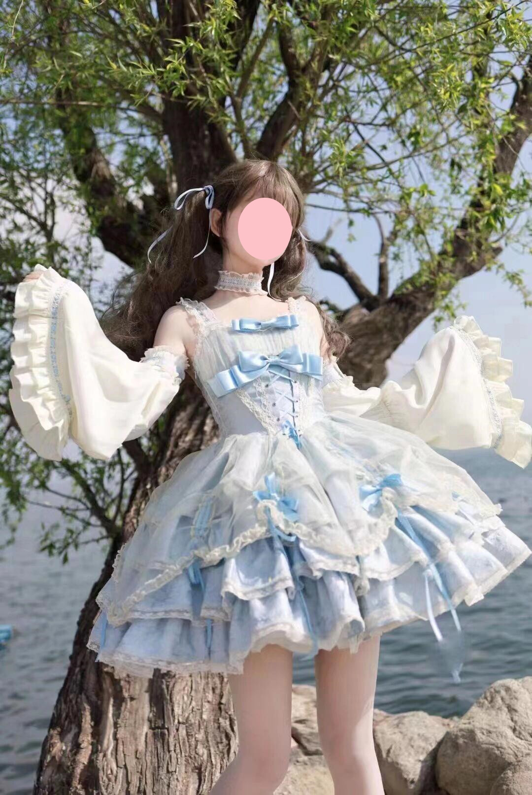 ロリータワンピース  lolitaドレス  洋服  3点セット（ワンピース＋アームカバー＋レースネックカラー）少女風