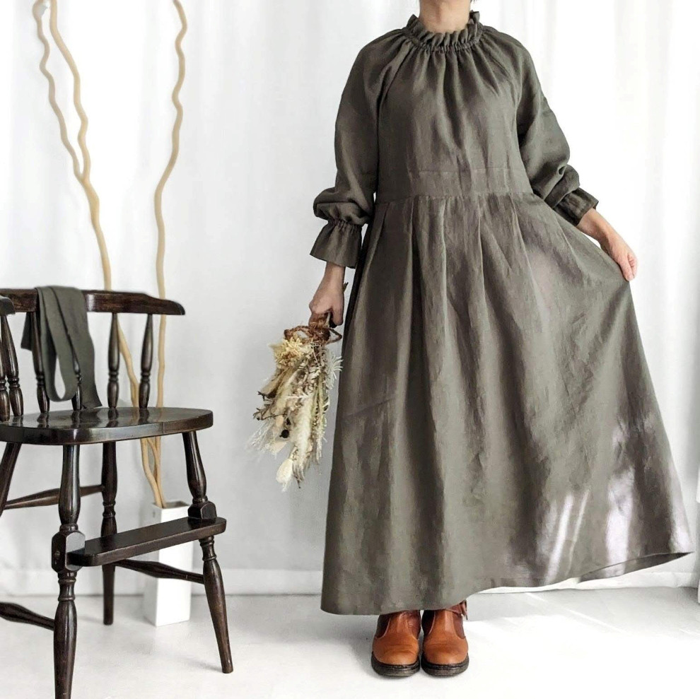 長袖リネンワンピース（グレイッシュカーキ）きれいめ大人カジュアル