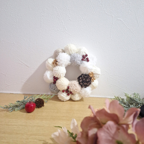 20cm 冬リース 毛糸 松ぼっくり クリスマスリース 【再販】 その他