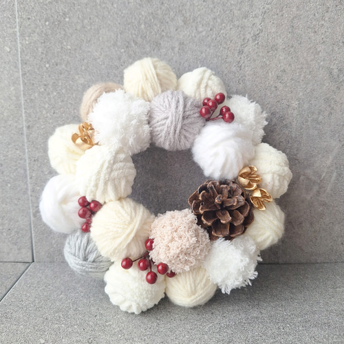 20cm 冬リース 毛糸 松ぼっくり クリスマスリース 【再販】 その他