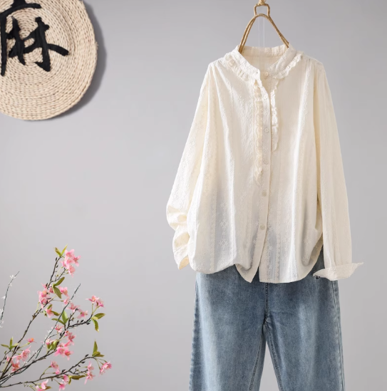 綿100% 刺繍 ブラウス  ゆったり レトロ 立ち襟 トップス 春 秋 新作