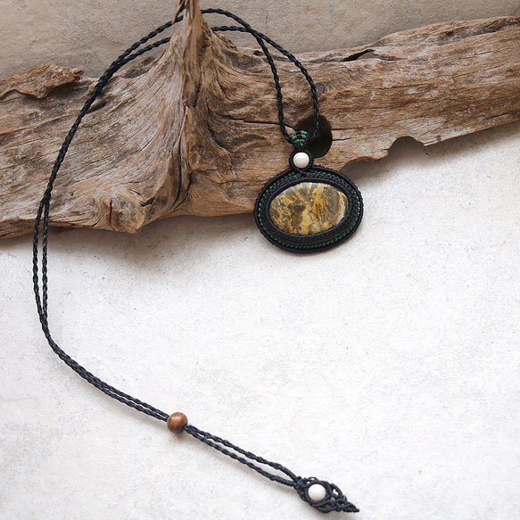 ジャスパー天然石マクラメネックレスmac438エスニックアジアンエキゾチックな金属アレルギーフリーのマクラメアクセサリー 5枚目の画像