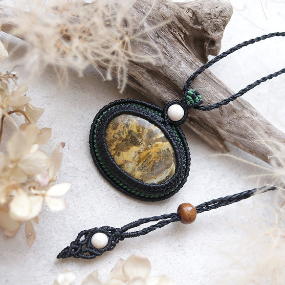 ジャスパー天然石マクラメネックレスmac438エスニックアジアンエキゾチックな金属アレルギーフリーのマクラメアクセサリー 1枚目の画像