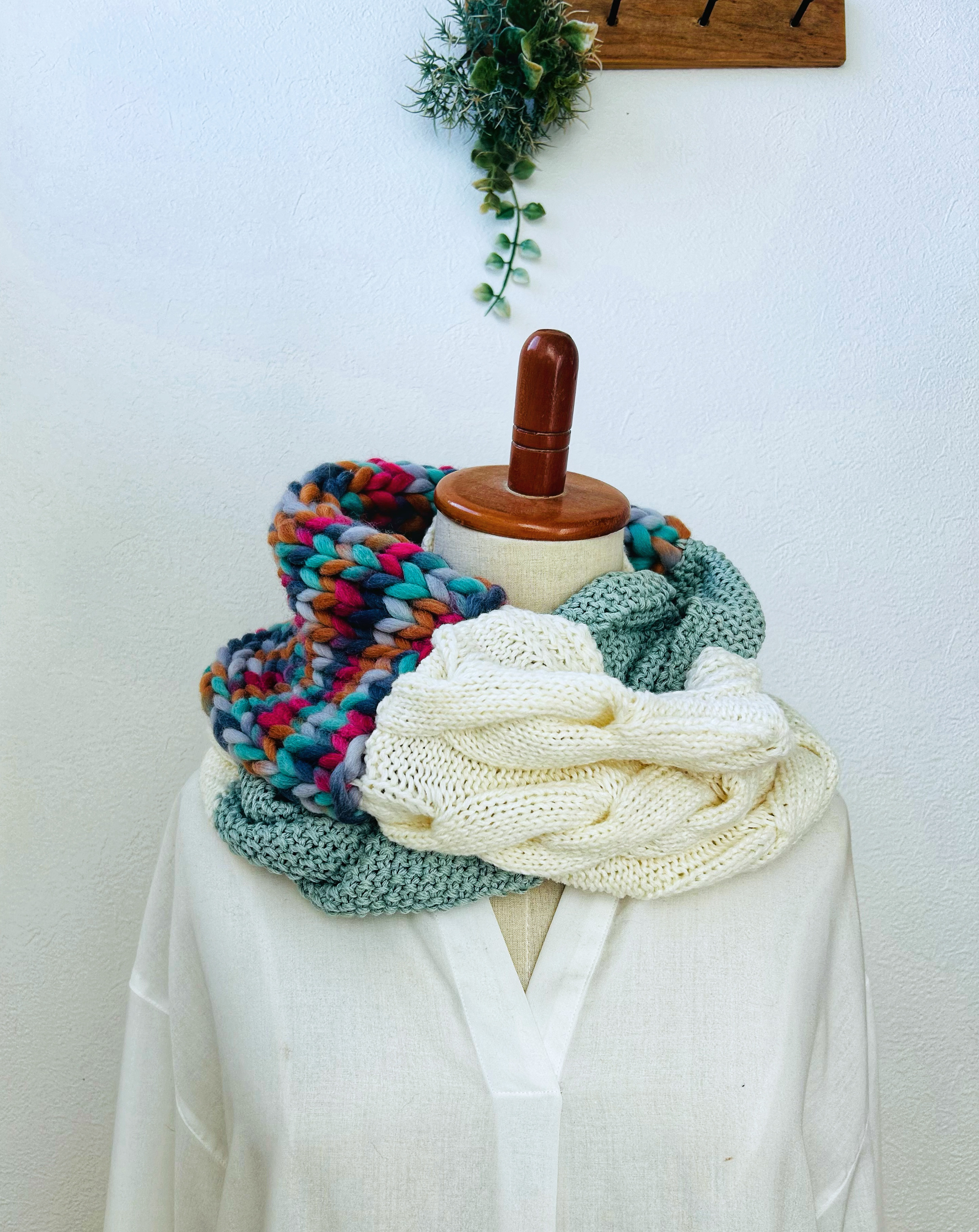 アラン模様の二重巻メビウススヌード《水色》