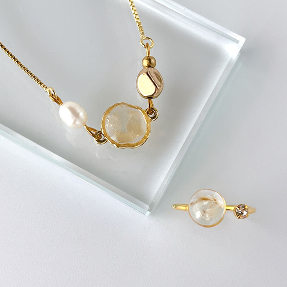 ≪11月の誕生石≫シトリンのフォークリングとブレスレットのセット　天然石 ゴールド フリーサイズ ギフト 1枚目の画像