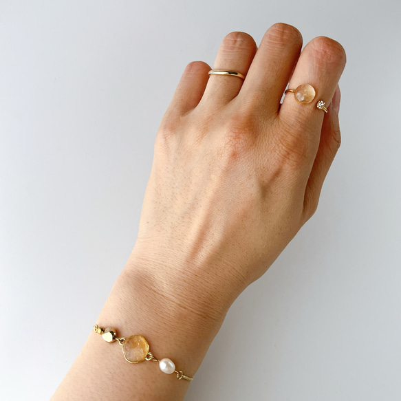 ≪11月の誕生石≫シトリンのフォークリングとブレスレットのセット　天然石 ゴールド フリーサイズ ギフト 2枚目の画像