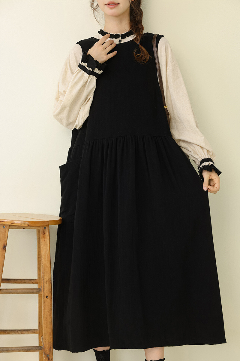 リブゾーンスタンドカラー リネン素材 ロングワンピース    25秋新作&04