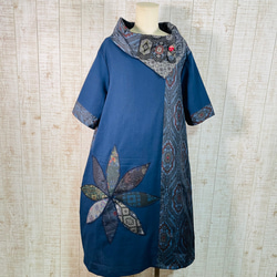 着物リメイク＊大島紬＆藍染めでオフタートル変わり襟ワンピースL